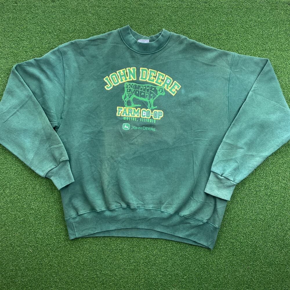 Vintage John Deere Faded Graphic Crewneck Farm Co Op Green Workwear Y2K Mens 3XL